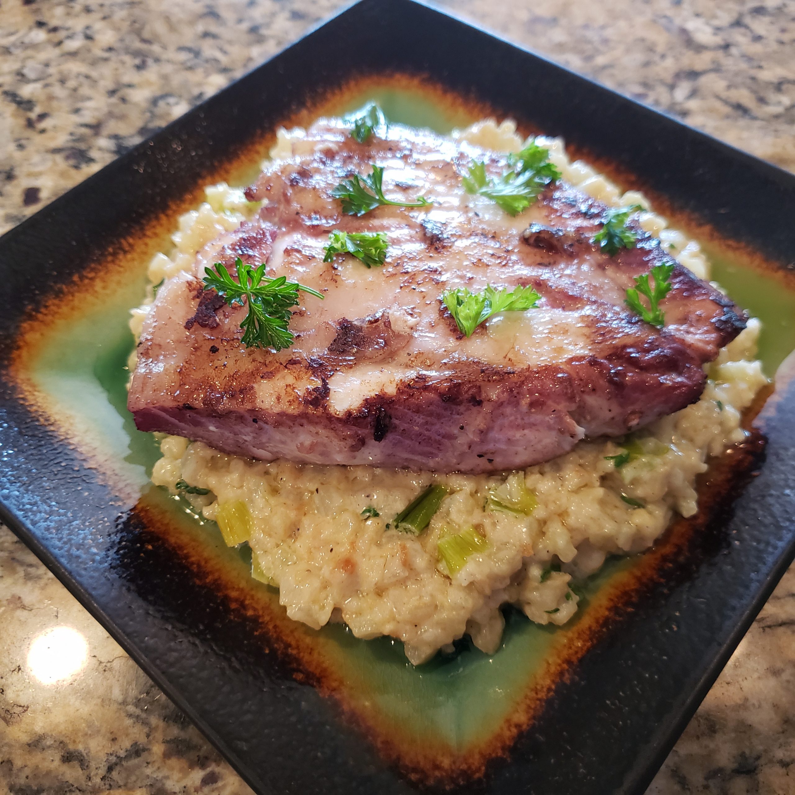 Pan-Seared Halibut With Avocado Risotto